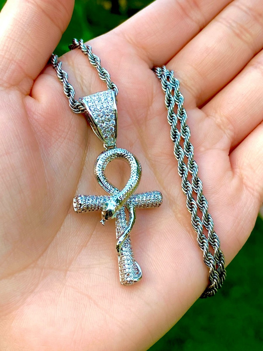 Men's 14k White Gold Finish Ice Egyptian Ankh Cross Pendant
