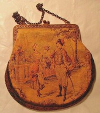 Antique Tapestry Purse/Evening Bag w/ Lovers  Floral Filigree Frame