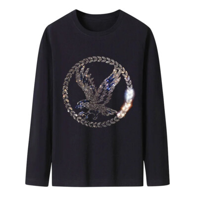 New Fashion Eagle Rhinestone Diamond Long Sleeve Luxury Men Trend Cotton T-Shirt