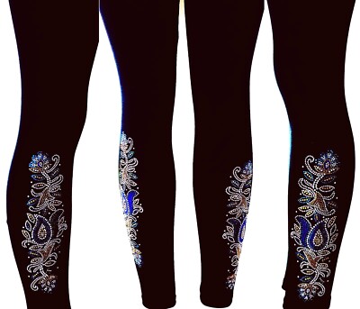 Regular or Plus One Size Yoga Leggings Rhinestone Floral Paisley Design
