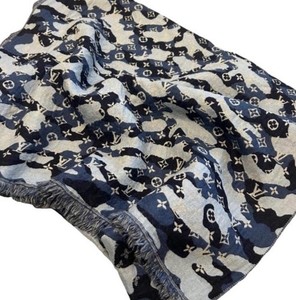 Louis Vuitton Monogram Camo Jacquard Wool Silk Fringe Rectangle Scarf Blue Gray