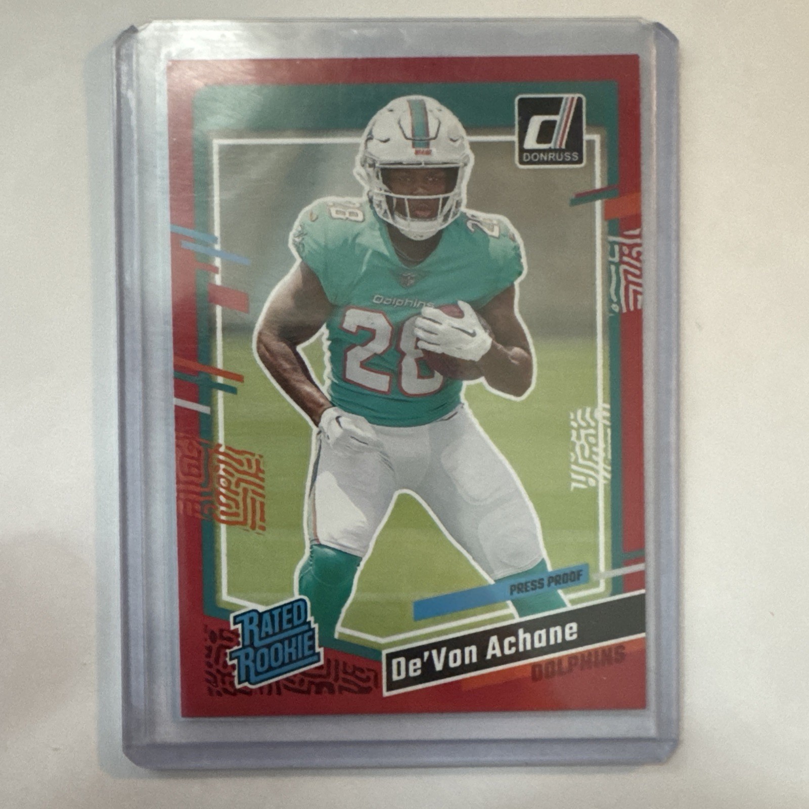 Devon Achane Red Press Proof Rated Rookie RC 2023 Donruss Card #365 Dolphins