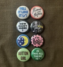 Set of 8 Vintage Style Lot Pinback Badge Buttons 1” Inch 60s 70s 80s