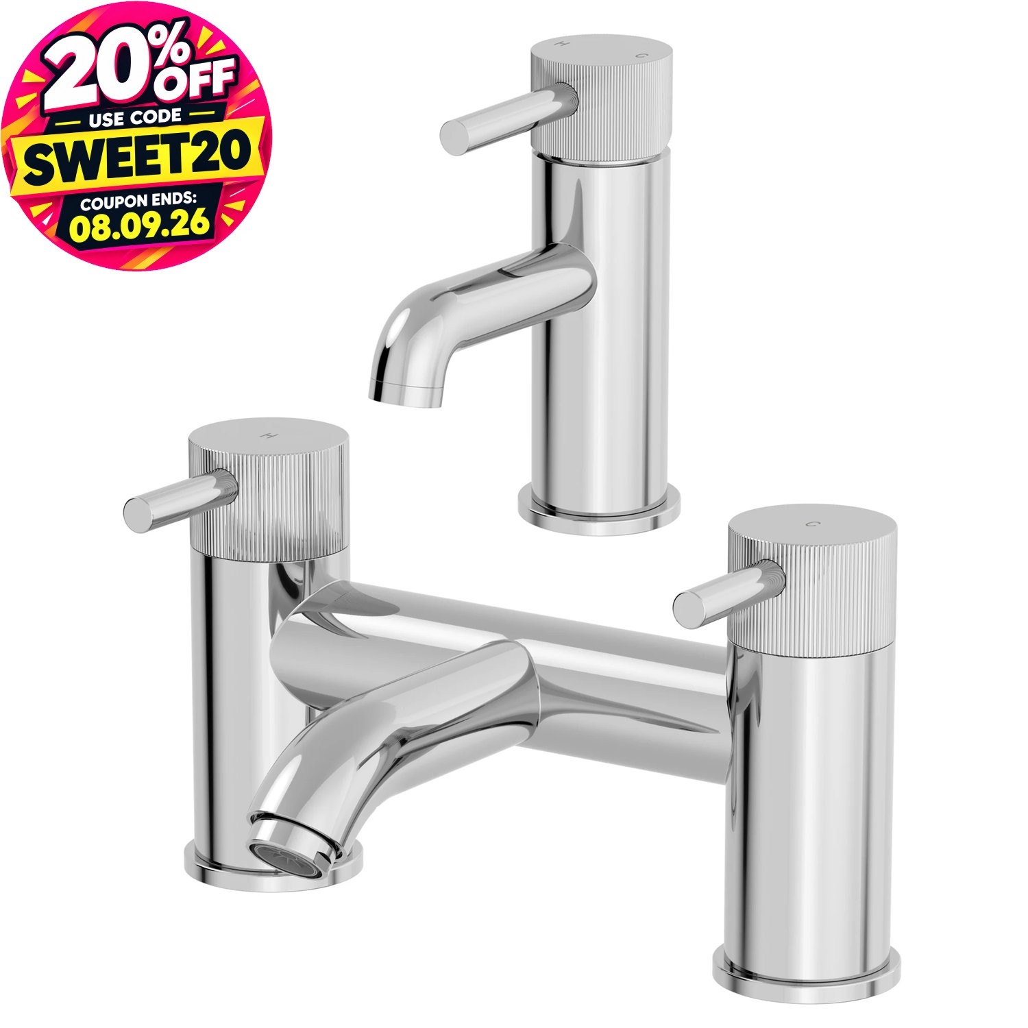 Fluted Bathroom Bath Filler Basin Mixer Tap Set Deck Mounted Round Modern Chrome