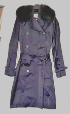 HERMES Black Trench Coat Sz. 36 LOGO BACK 100 SILK FOX COLLAR MINT CONDITION
