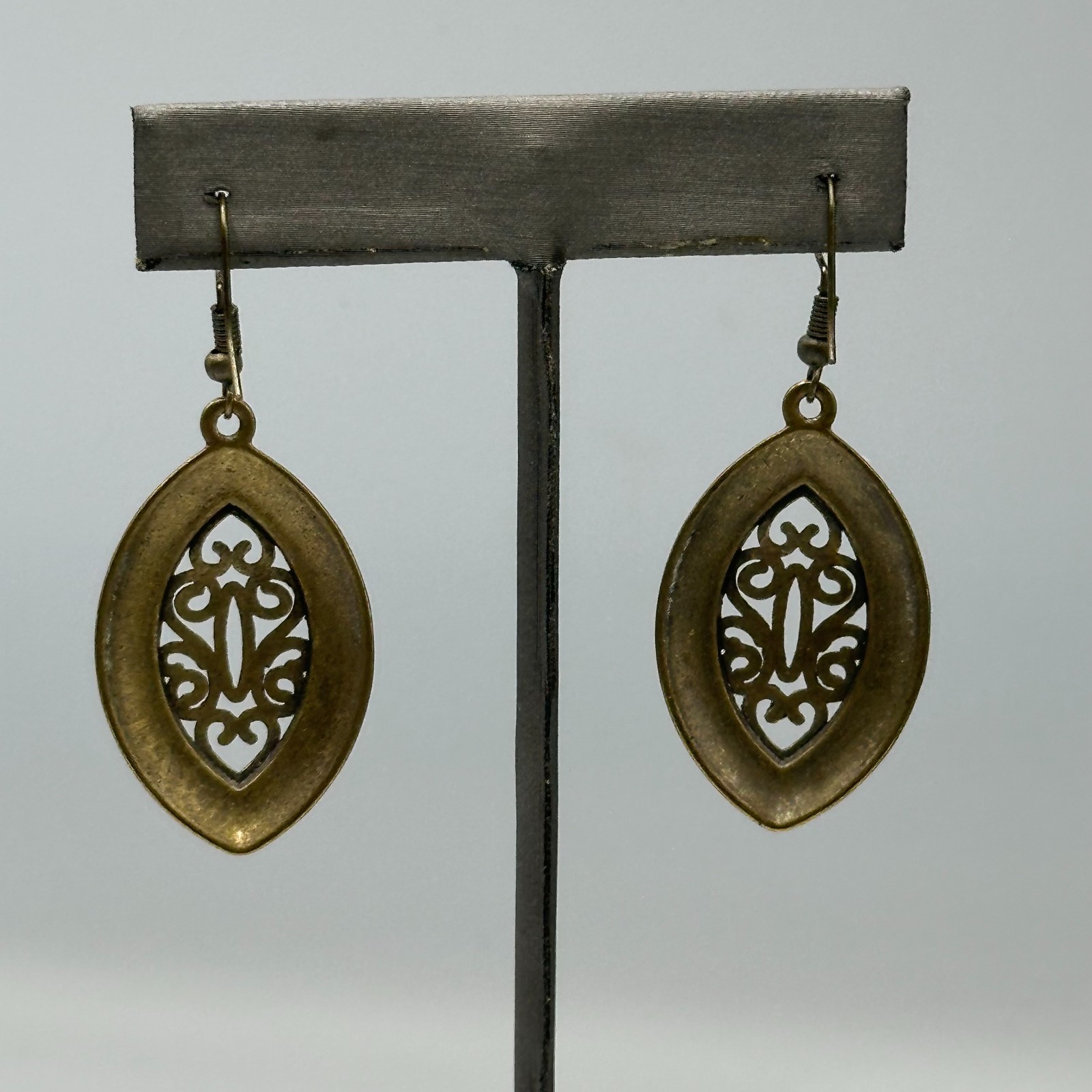 Scroll Dangle Earrings Brass Tone Openwork Oval P… - image 4