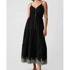 NWT GAP Black Cotton Tiered Maxi Dress Embroidered Scallop Hem Smocked Size M