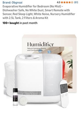 Obgnsai Evaporative Humidifier 2.5L Smart Remote, Dishwasher Safe, Aroma Kit