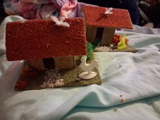 3 Vintage Putz Cardboard Houses Hard Plastic Dove Rooster Chicken Trees