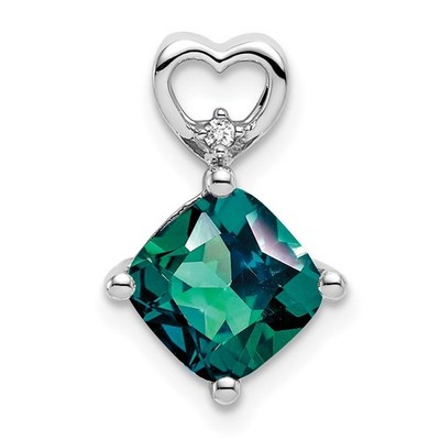 14k White Gold 7mm Cushion Created Alexandrite and Diamond Heart Fancy Pendant