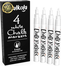 White Chalk Markers Fine Tip (4 Pack 3Mm) - Wet & Dry Erase Chalk Pens for Black