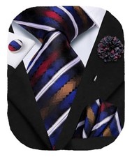 Mens Tie Set Silk Striped Woven Necktie with Lapel Pin Royal Blue and White