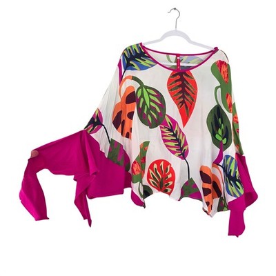 IC Collection Tropical Leaf Print Bell Sleeve Poncho Top White Pink Large 5720T