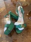 Gucci Marmont GG Gold Logo Green Leather Ankle Strap Block Heels Sandals 41 IT — photo 3