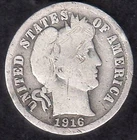 1916 BARBER DIME, Good Silver US Vintage & Original World War 1 Time Coin