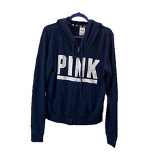 PINK Victoria's Secret Navy Blue Spellout Full Zip Fleece Hoodie Jacket Womens L