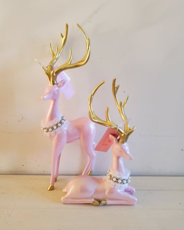 BELLA LUX Pinkmas Christmas Shabby Chic Pink Gold Deer Figurines 18" 13" Set NEW