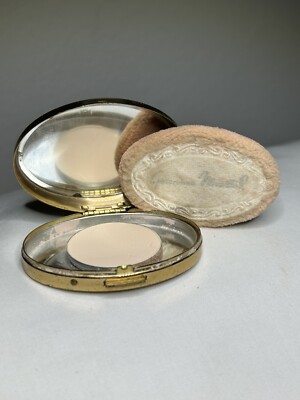 Vintage Germaine Monteil Powder Compact Oval Goldtone Monogram ~ Powder And Puff