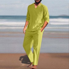2025 Men's Casual Solid-color Pocket Cotton and Linen Set Beach Shirt pants New