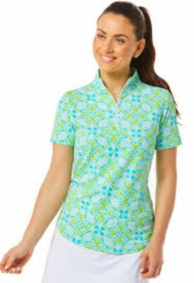 NWT IBKUL MORROCAN TILE Turquoise Lime Short Sleeve Mock Golf Shirt - Size S