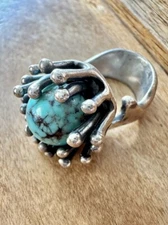 JACK BOYD Brutalism Kingman Turquoise Sputnik Spore Sterling Silver Ring SZ 6.25
