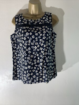Womens Next Petite Uk 12 Black Floral Linen Blend Sleeveless Summer Blouse Shirt