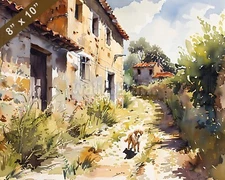 Border Terrier watercolor painting in a charming village 8x10 Print 