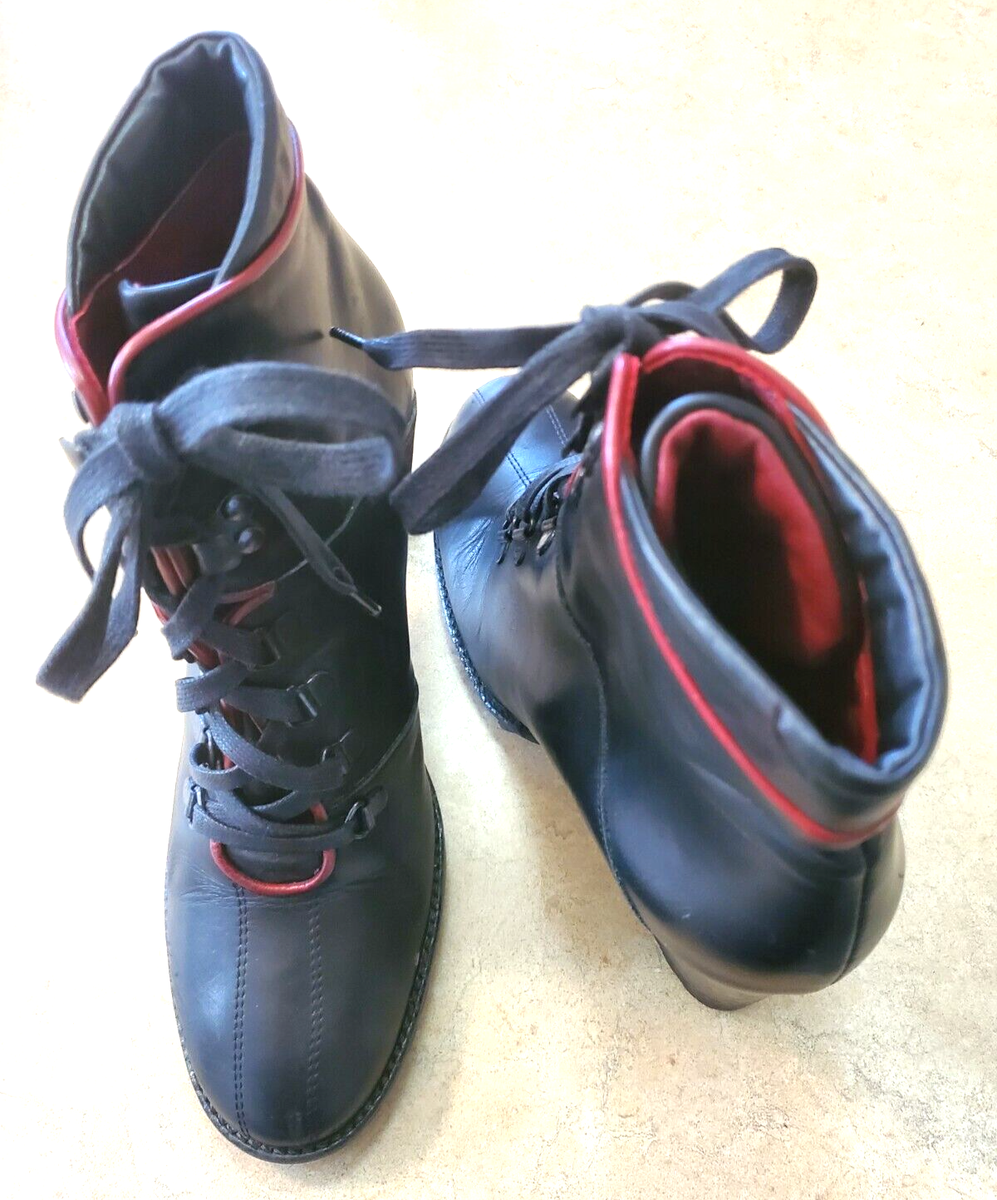 Coach Lucia Black Upper Leather Red Trim Leather Lace Up Ankle