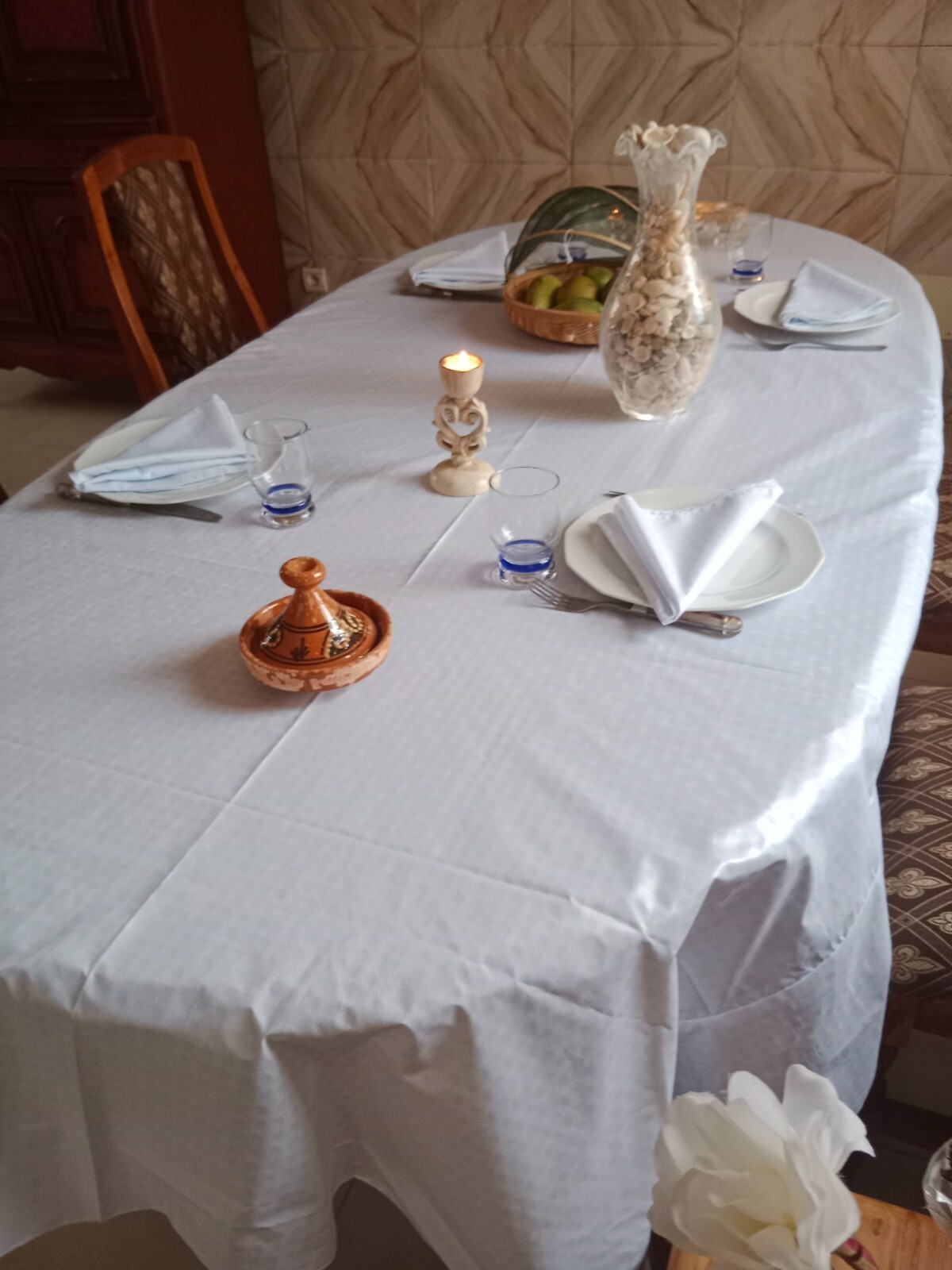 Nappe de table rectangulaire en bazin avec chemin de table et 6 serviettes coton