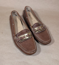 Prada Womens 35.5 Loafers Brown Pebble Leather Gold Buckle Accents Driving Shoes