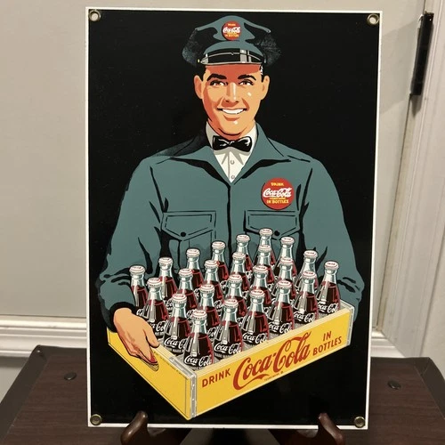 Ande Rooney Vintage Coca-Cola Porcelain Enameled Sign Coke Delivery Man, 12x8.25
