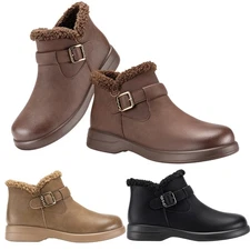 Women Leather Ankle Boots Flat Heel Fur Lined Warm Winter Booties w/ Side Zipper