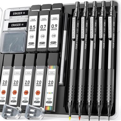 Metal Mechanical Pencil Set, 3PCS Art Drafting Pencils 0.5, 0.7, 0.9MM & 2PCS