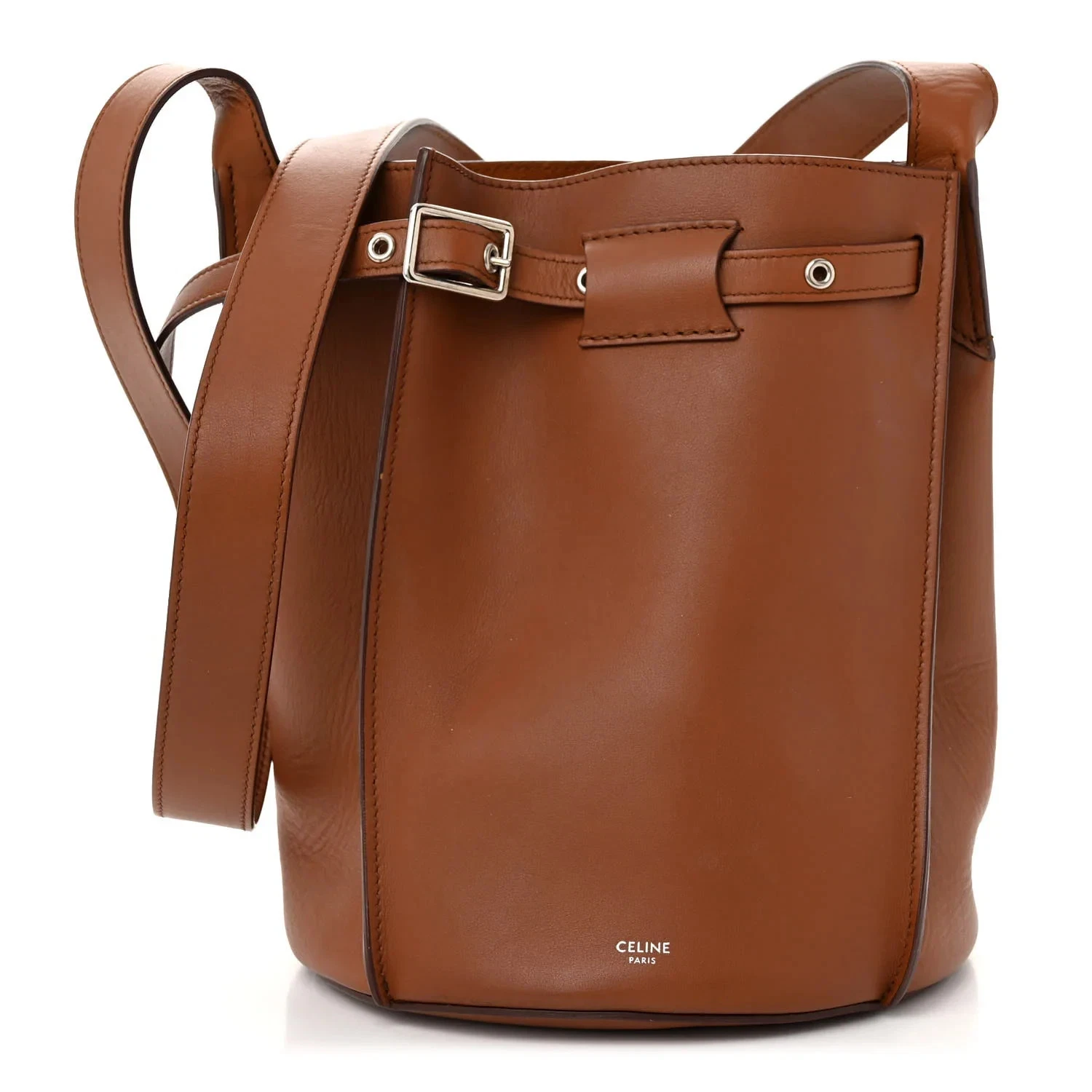 Celine — CELINE Big Belt Brown Leather Strap Medium Cross-body Bucket Bag Handbag Purse