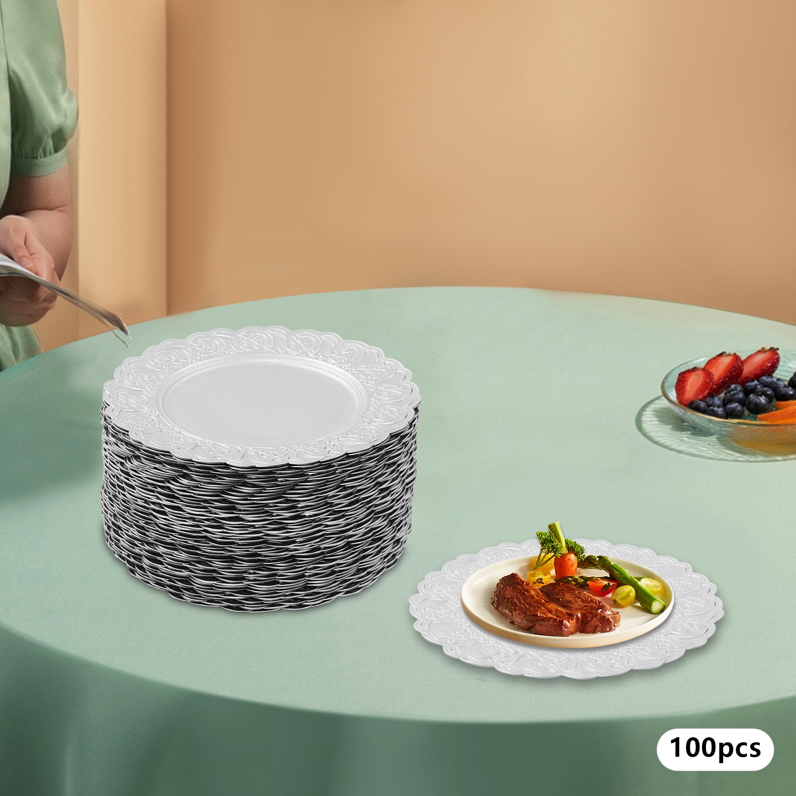 100-piece Dinner Charger Plate Set Round Charger Plates For Wedding Party Silver