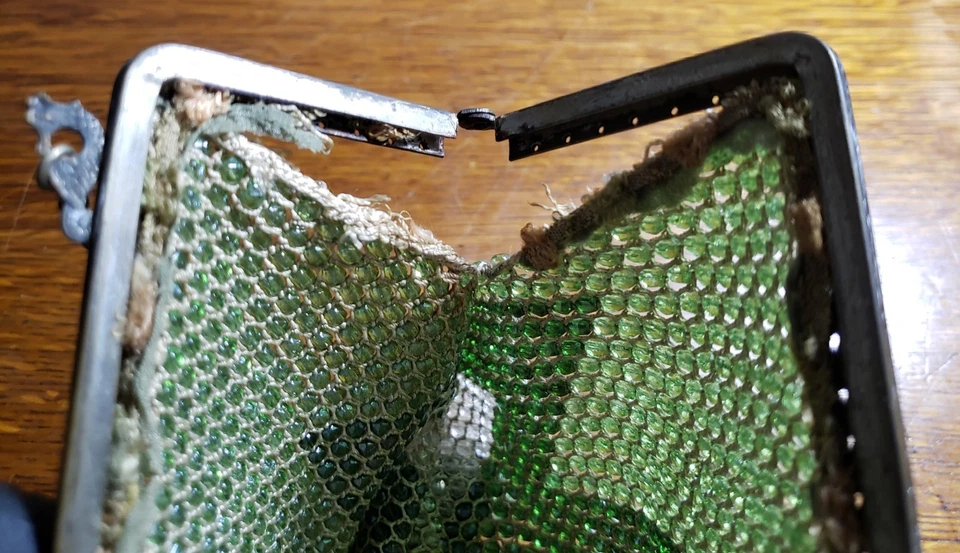 Antique Deco Green Glass Beaded Purse with Ornate Metal Frame Chain Handle READ - Image 3 of 4