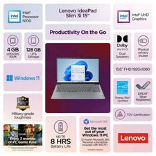 Lenovo IdeaPad Slim 3i 15.6" Laptop Intel Processor N100 128 SSD (new open seal) 10