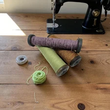 Set of 3 Antique Vintage Industrial Textile 7" Bobbins w/ssorted Color Thread