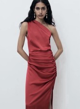 MANGO MNG Red Wine Asymmetrical Satin MIDI Maxi Side Slit Dress Size 2 NWOT READ