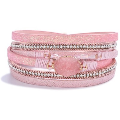 Boho Leather Wrap Bracelet Stackable Chunky Crystal Cuff Bracelets with Magne...