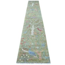 2'6"x15' Green Hand Knotted Peshawar Birds of Paradise Design Wool Runner Rug