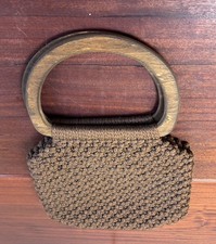 Vintage Macrame Woven Brown Purse with Plastic Handle 60s/70s Retro