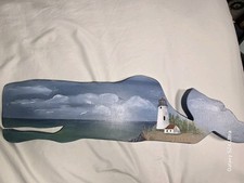 Handpainted Wooden Whale Shelf Sitter Lighthouse Beach Scene Clouds