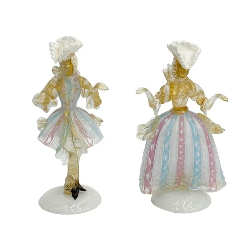 Pair Venetian Murano Gold Fleck Latticino Glass Figurines Man Woman Vintage