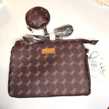 Nicole Miller Logo Convertible Crossbody Wristlet Bag Purse Brown w/ Coin Purse