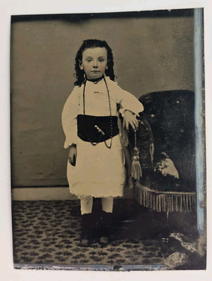 Antique Tintype Photo Cute Victorian Girl Child Jewelry Unique Look Worn Chair