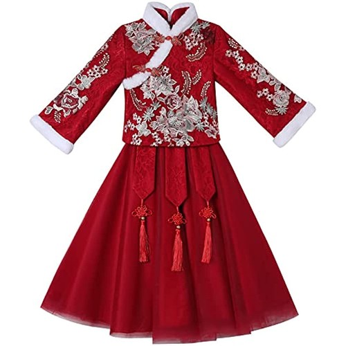 Girls Hanfu Dress Embroidered Winter Warm Traditional Chinese New Year Tang Suit - Picture 3 of 11