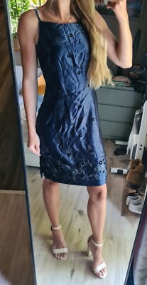 My Michelle Satin Kleid Marine Blau Samt Blumen Schwarz Xs/S/34/36 edel Sommer 