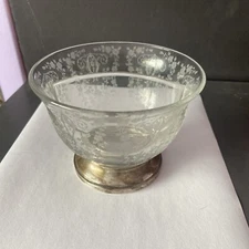 Vintage M Fred Hirsch Divided Floral Etched Glass Bowl With Sterling Silver Base