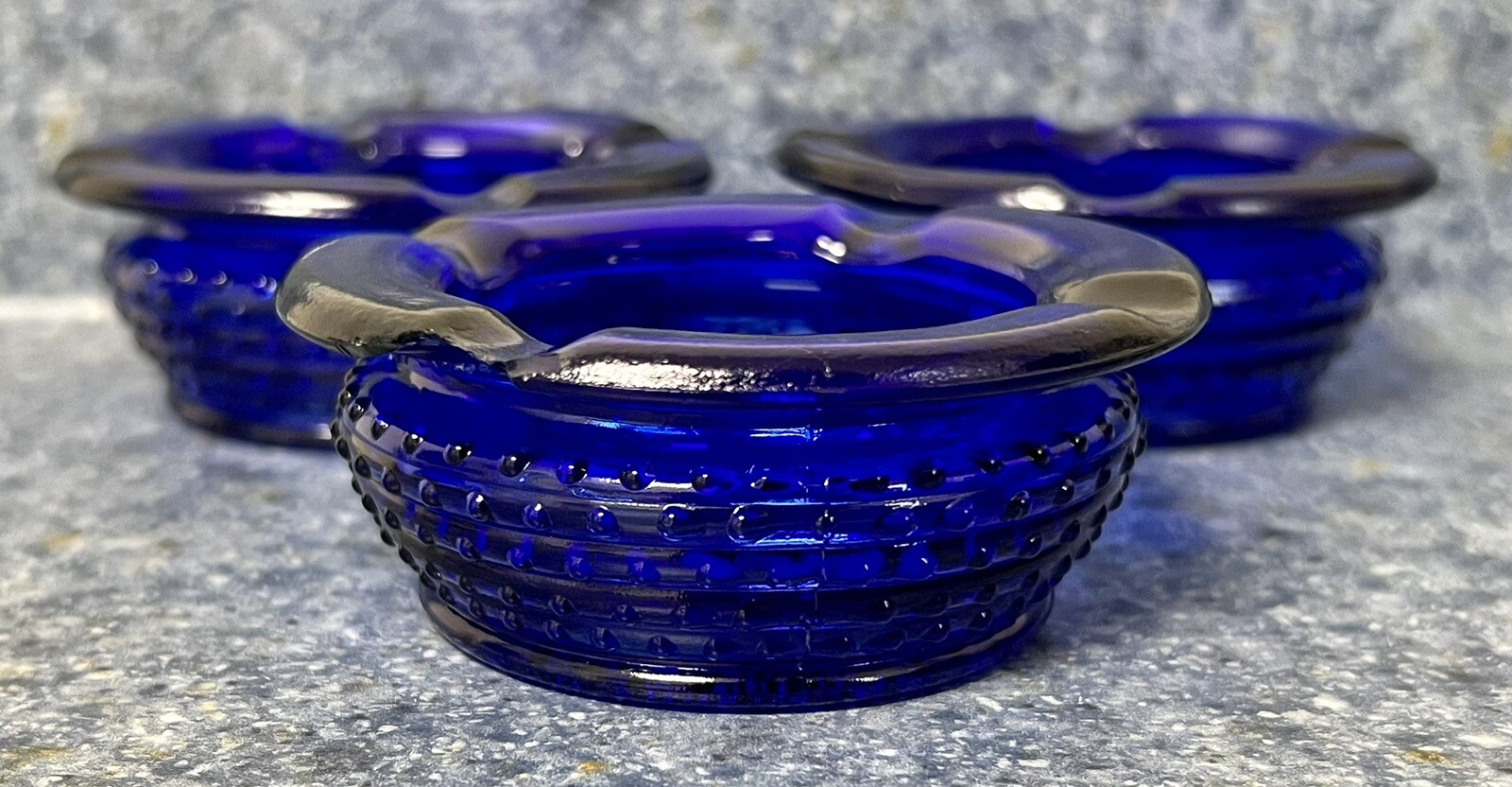 Vintage Cobalt Blue Ashtray Round Dot Texture x3 Preowned
